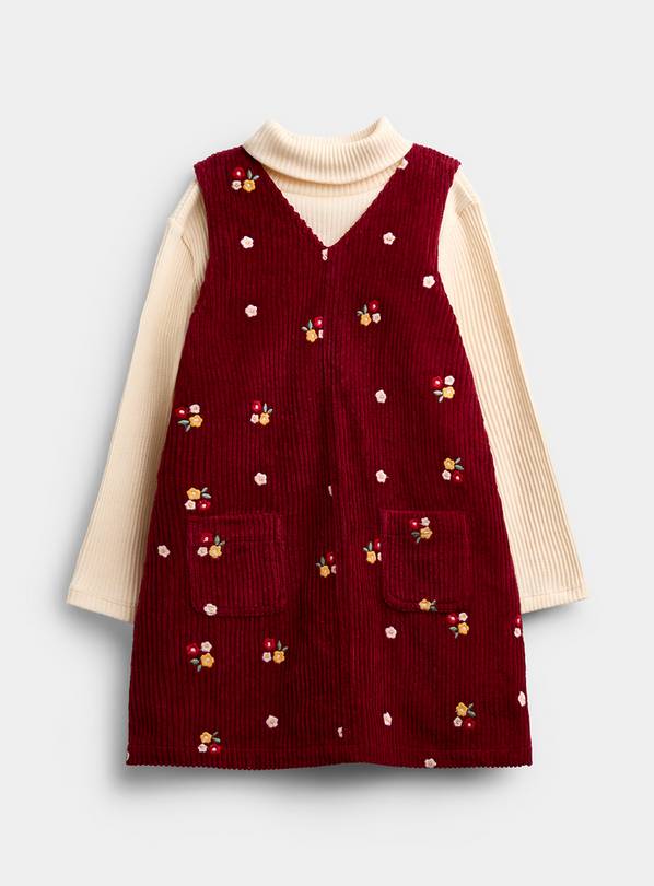 JOJO MAMAN BÉBÉ Chunky Cord Embroidered Pinny and Turtle Neck Top Dark Red 2-3 Years